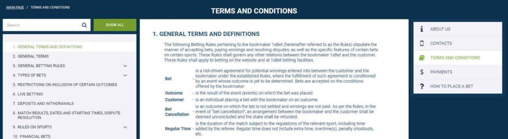 1xbet terms and conditions